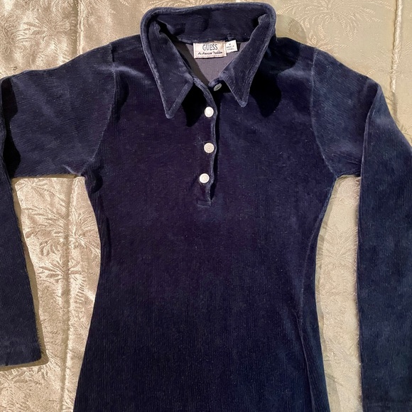 ❤️VINTAGE GUESS ❄️BLUE VELVETY CORDUROY VELOUR LONG-SLEEVE STRETCHY DRESS💗 - Picture 1 of 7